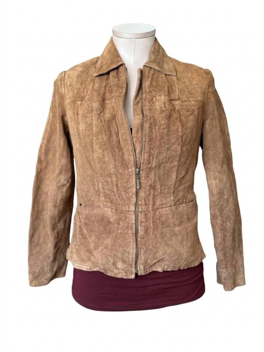 Alfani Caramel Suede Leather Zip-Up Jacket